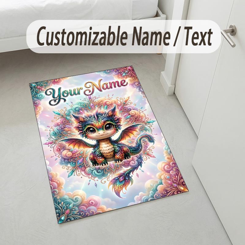 Dragon Phoenix Theme Crystal Velvet Rug Personalized Custom Name Text Soft Floor Mat Home Decor