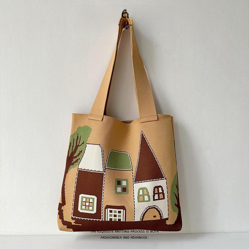 

Вязаная сумка в корейском стиле с изображением замка из мультфильма большой емкости - универсальная повседневная женская сумка через плечо хаки