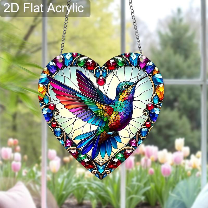 Acrylic Heart-Shaped Hummingbird Suncatcher, Stained Glass Style Window Hanging Ornament for Bird and Colorful Art Lovers