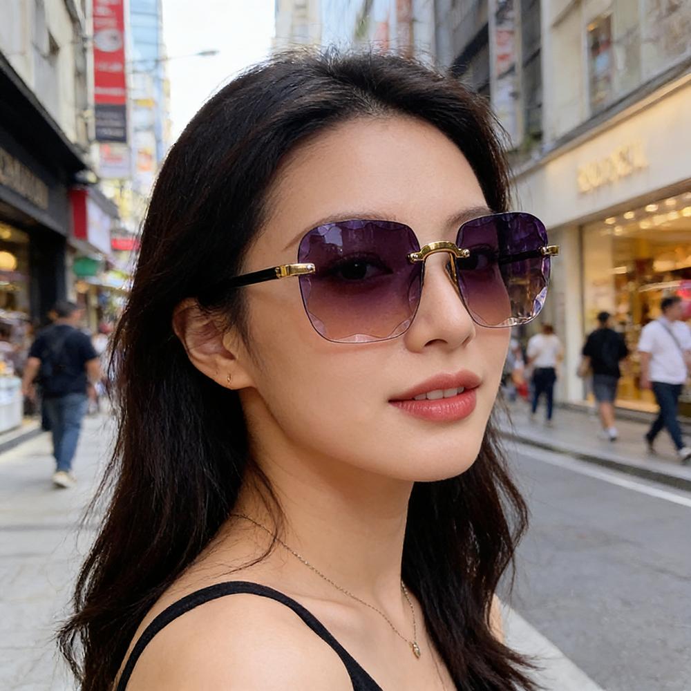 Attractive Glasses Women's Rimless Oversized Sunglasses Luxury Fashion Gradient Lens Sun Glasses Vintage Cutting Frameless Eyewear Uv400 Shades