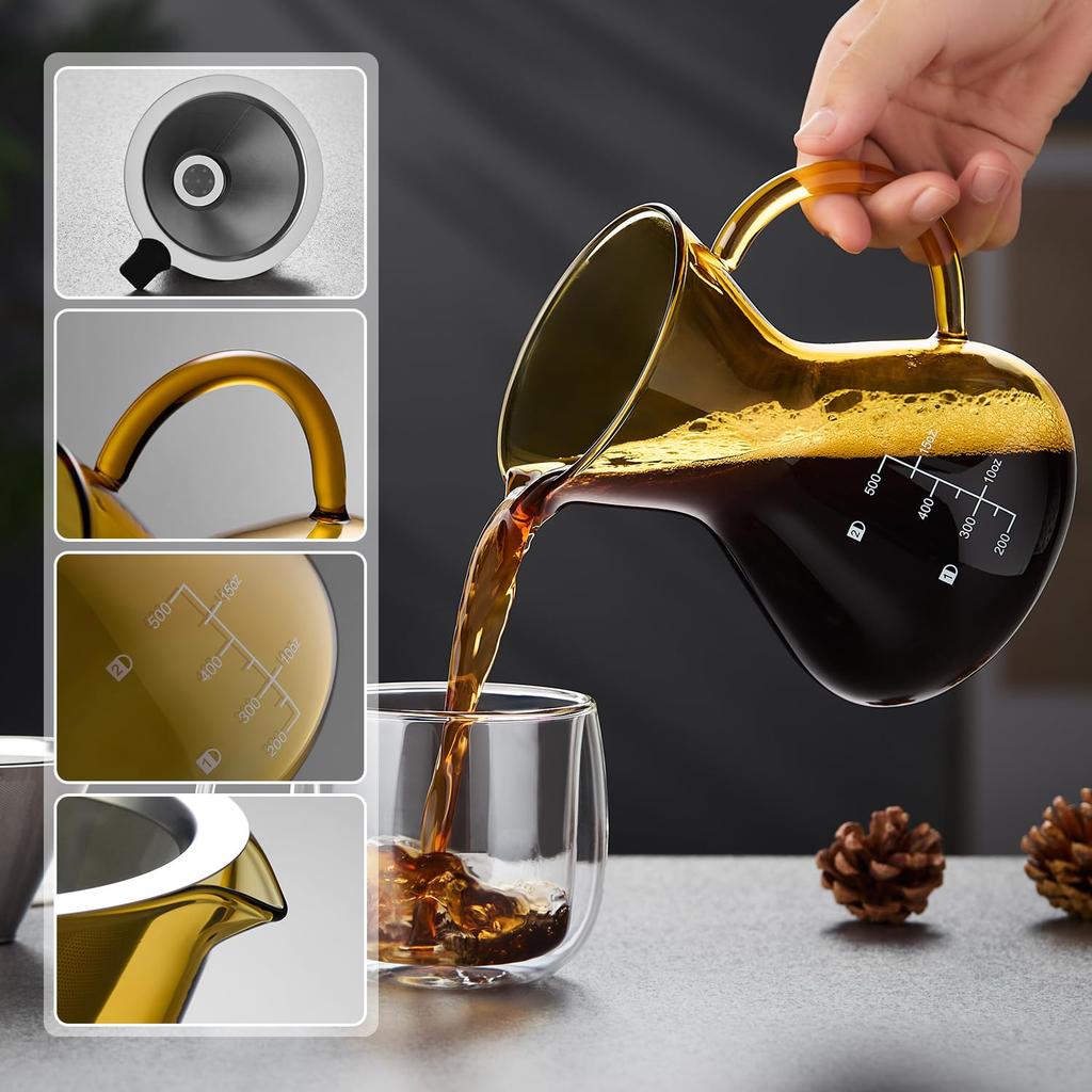 POKALOTEA Coffee Drip Coffee No Paper Coffee Filter Reusable Stainless Steel Microwave Graduations Included Server, Amber, Server, 500ml, Required,