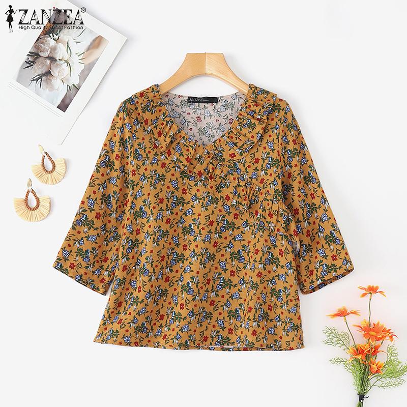 ZANZEA Women Casual V-Neck 3/4 Sleeve Loose Floral Print Blouse
