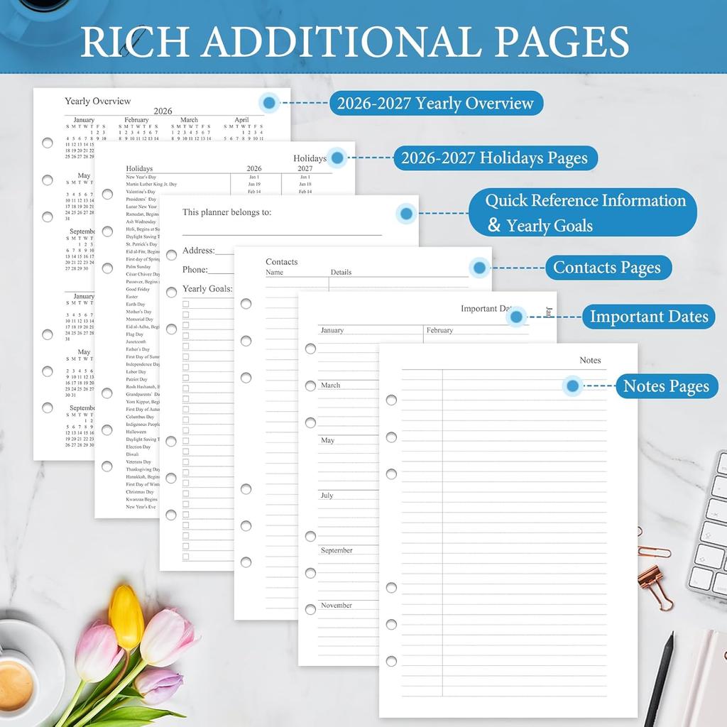 .com : 2026 Weekly & Monthly Planner Refill, A5 Medium Planner erts for 6 Holes, 5.5"x8.5", Jan. 2026 - Dec. 2026, 12 Monthly Calendars with