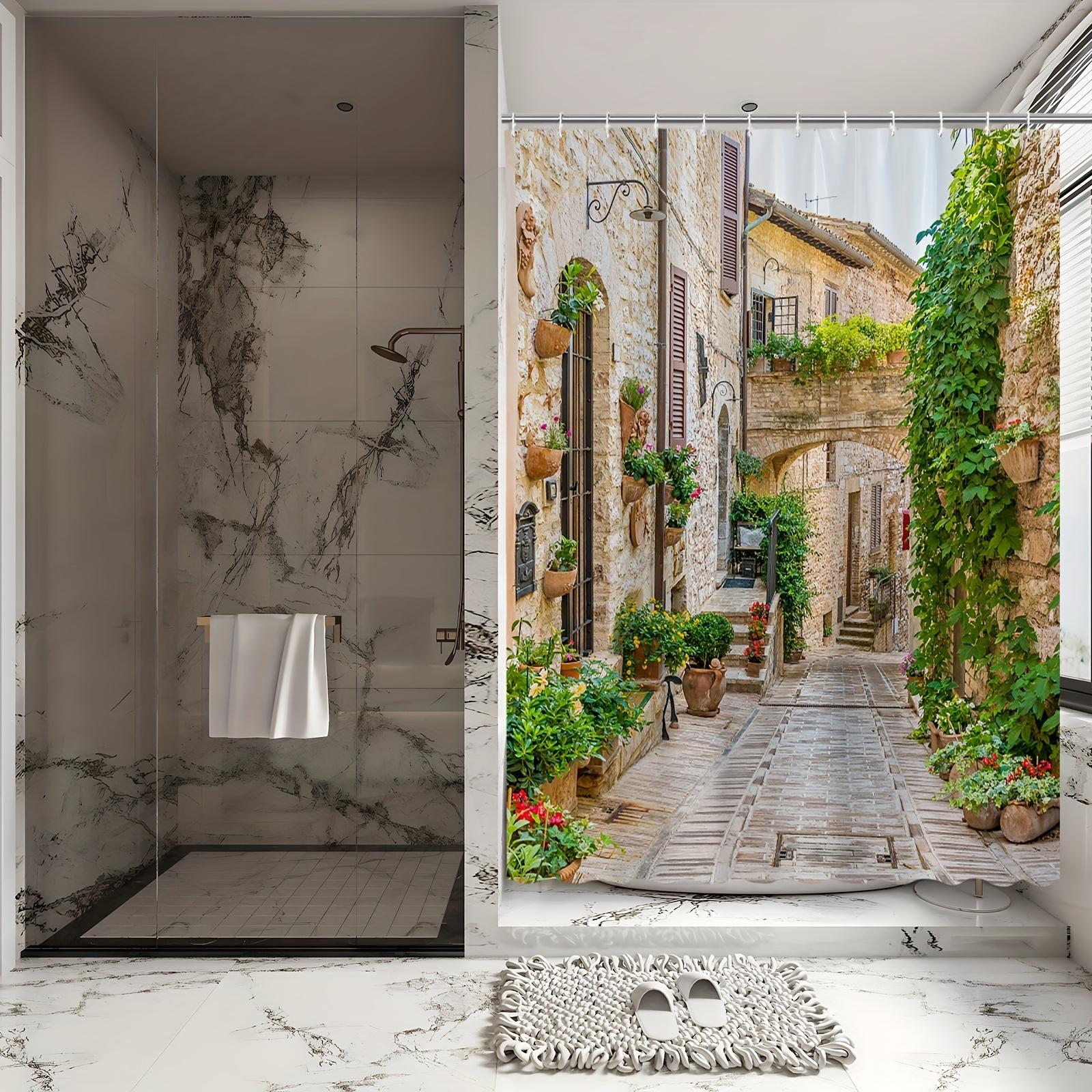 

Charming European Village Bath Curtain - Stone Walls & Greenery, Waterproof Home Decor Adds Rustic Charm to Your Bathroom W90XH180cm