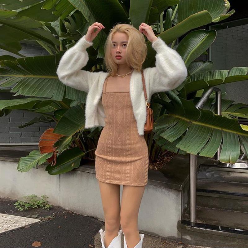 WTEMPO Brand French Avocado Green Knitted Suspender Skirt Slim Slim Waist Wrap Hip Skirt Diamond Check Khaki Retro Dresses