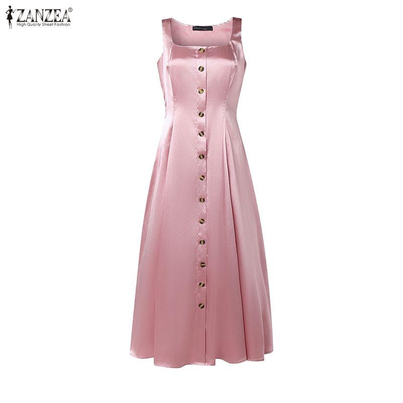 ZANZEA Women Casual U-Neck Sleeveless Elegant A-Line Dress