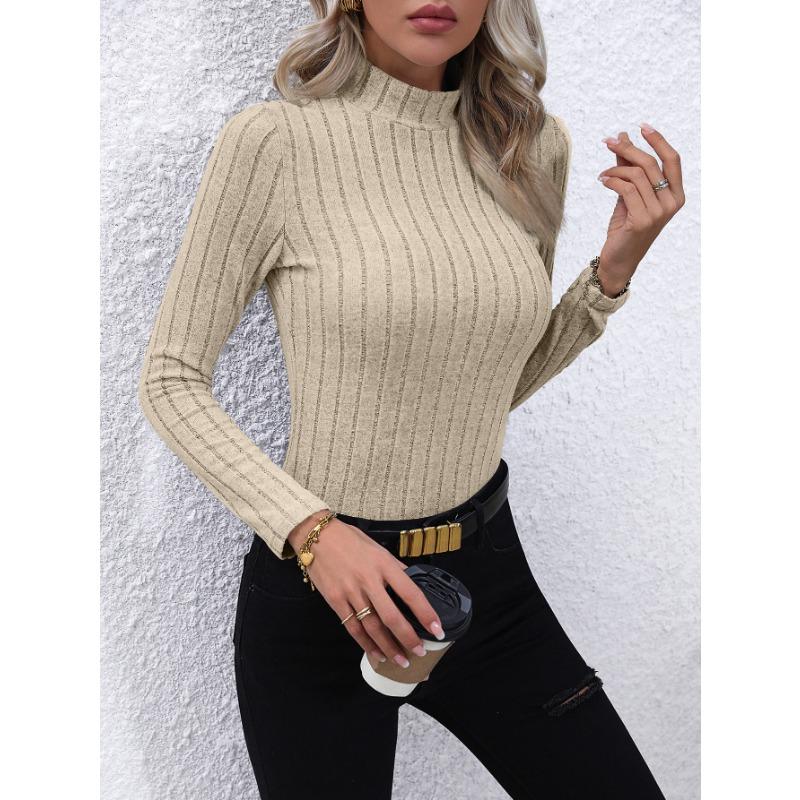 Solid Color Faux Neck Ribbed T-Shirt, Elegant Long Sleeve Slim Fit Hundred Tops for Women
