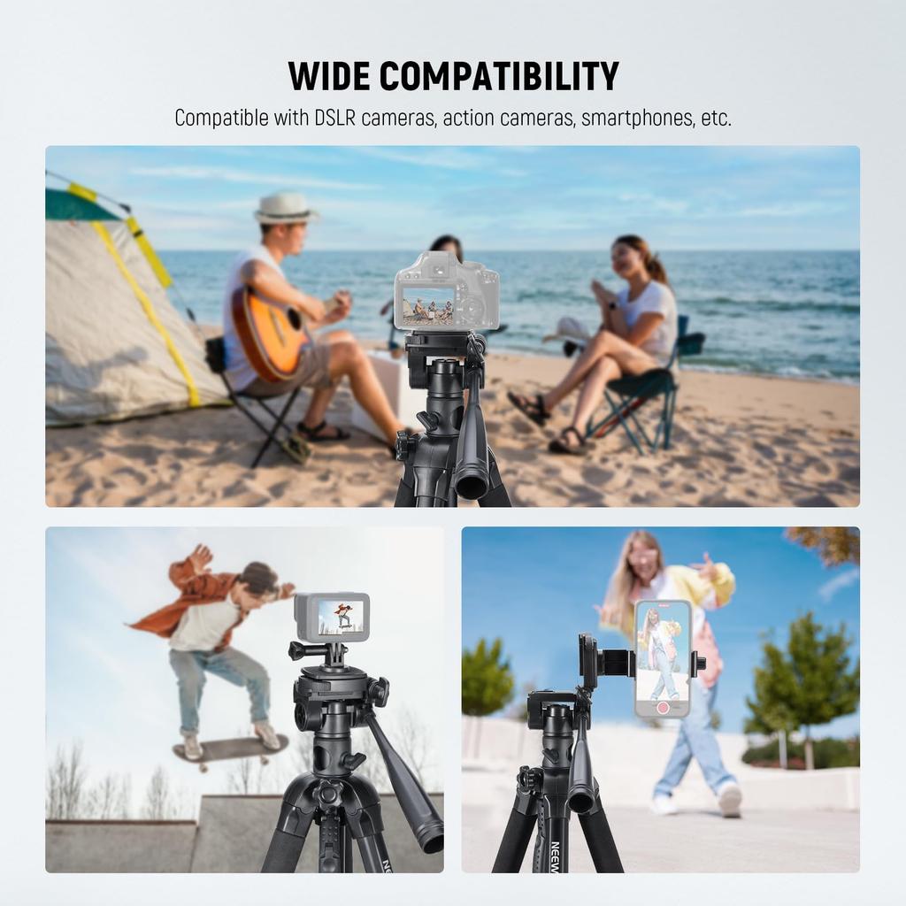 NEEWER TP05 Basic 189cm Video Tripod Monopod Aluminum 3-Way Pan Tilt Head Bluetooth Remote Overhead Shooting Smartphone Holder Black 8kg Load