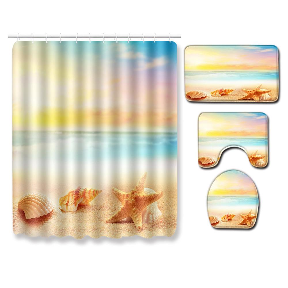 Beach Shower Curtain Floor Mat Combination Four-Piece Set Bathroom Toilet Carpet Shower Room Mat Foot Mat