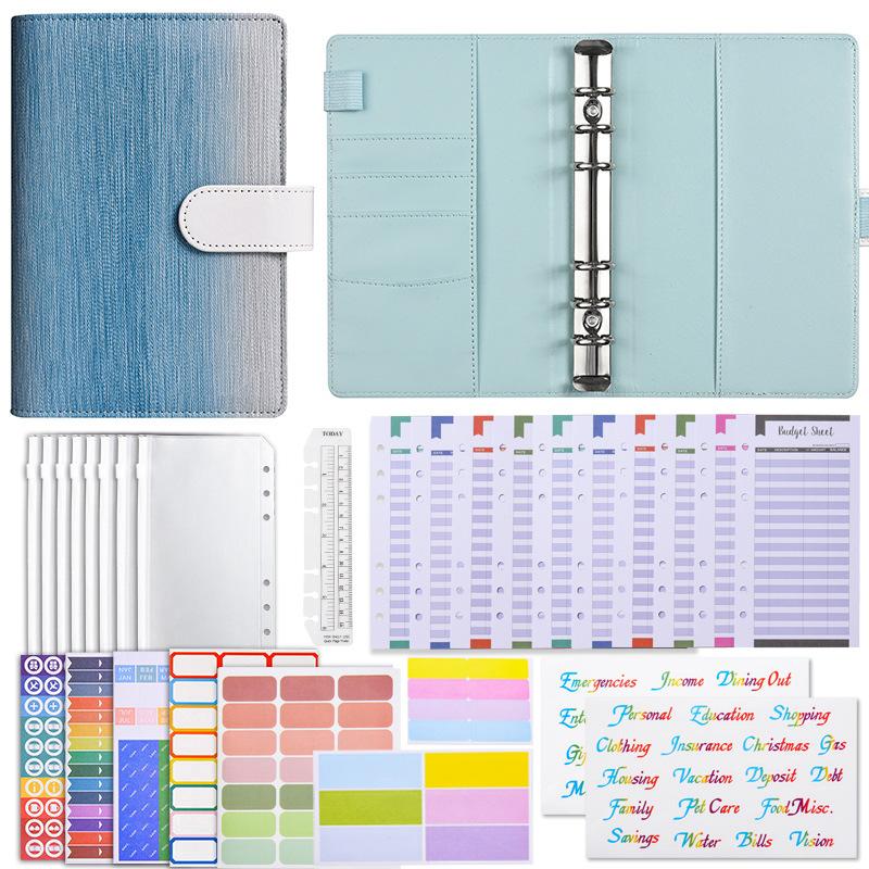 Gradient A6 6-Ring Loose-leaf Budget Binder with Zipper Pockets Cash Envelopes & Stickers for Financial Planning Gift Organizer