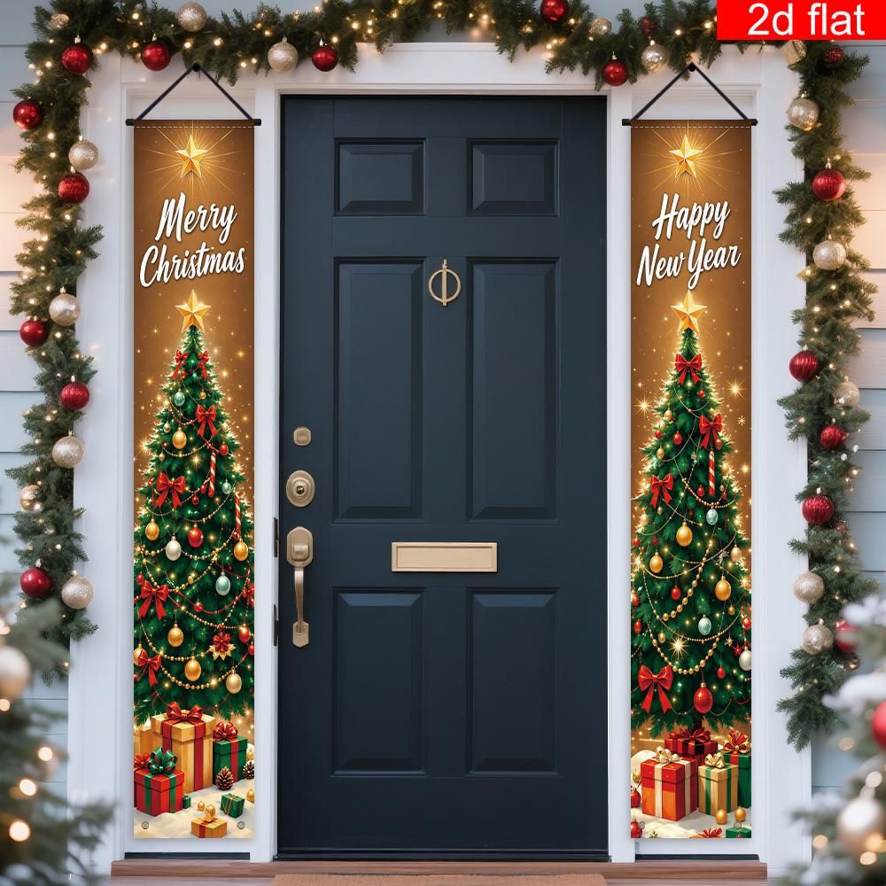 Merry Christmas Porch Sign Tree Box 1 Pair Polyester Indoor Outdoor Decor