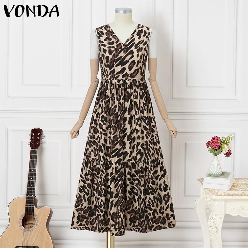 

VONDA Женское винтажное платье с V-образным вырезом, без рукавов, с леопардовым принтом, повседневное, длинное, плиссированное 4XL хаки