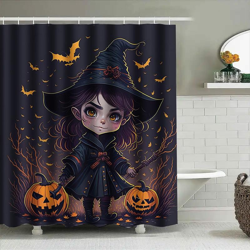 

1Pccute Witch Halloween Bathroom Curtain For Girls Kids Baby Toddler Room Decoration W60H190(CM)-1 Pcs
