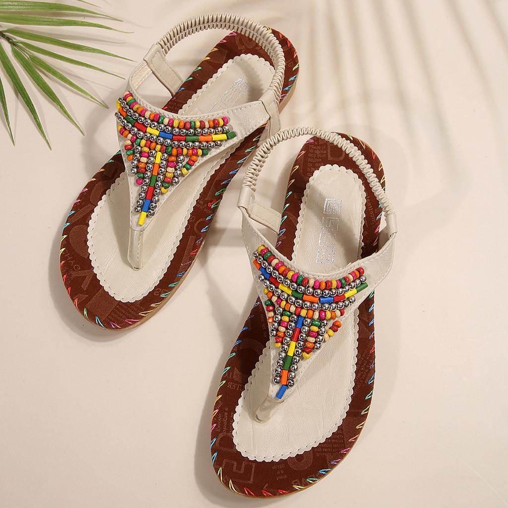 New Bohemian Sandals Women's Beaded Flat Heel Trend Pinch Foot Herringbone Sandal Sand
