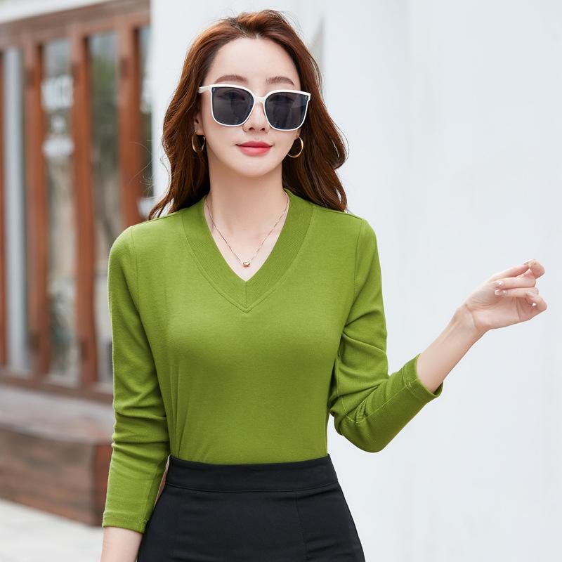 

Новая корейская футболка с V-образным вырезом, однотонная, с длинными рукавами, для женщин, облегающая базовая рубашка, весенний топ для леди XXL зелёный