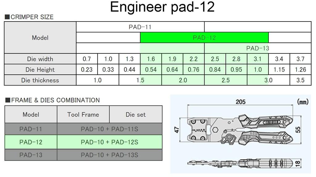 ENGINEER Precision Crimping Pliers with Interchangeable Crimping Tool for Open Medium Terminals PAD-12 Dies, Barrel,