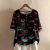 Camicia alla moda e casual da donna a maniche corte con scollo rotondo e stampa, blusa top in cotone e lino