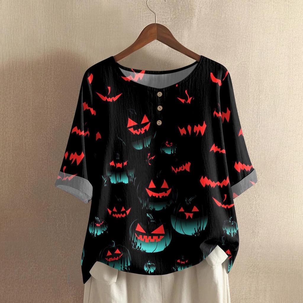 Camicia alla moda e casual da donna a maniche corte con scollo rotondo e stampa, blusa top in cotone e lino