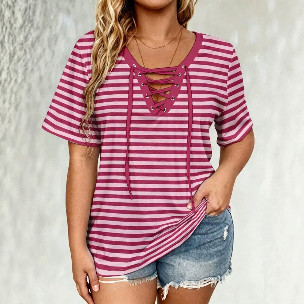 Sexy V-Neck Tie-Up Top Summer New Fashion Print T-Shirt Women Casual Blouse Short Sleeve Breathable