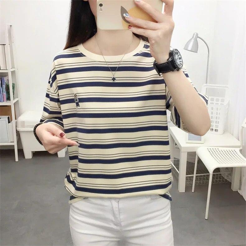 

летние молодые девушки полосатый мультфильм вышивка свитера футболка корейский женский повседневный свободный короткий рукав студенческие футболки y2k топ женский уличная одежда XXL