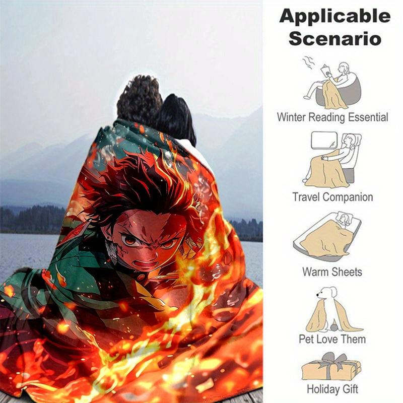 1pc, Anime Demon Slayer Tanjiro Kamado Flame Suit Cosplay Blanket, Home Decor, Couch Throw, Outdoor Blanket, Gift, Flannel Coverlet for Bedroom, Livin