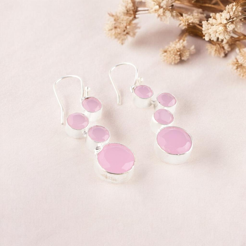 Rose Chalcedony Gemstone  925 Sterling Silver Handcrafted Jewelry Earrings 2" EE-161-15