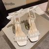 Women Summer High Heel Sandals 2025 Lace Pearl Ankle Strap Black Beige Size 35 40 Chunky Heeled Shoes Sandalias Mujer