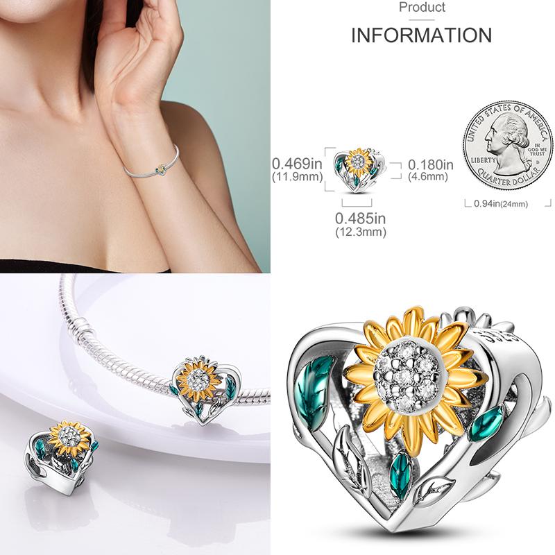 Copper Yellow Series Fashion Gold Sunflower Heart Charm Beads Fit Original Bracelet Party Diy Jewelry Gift