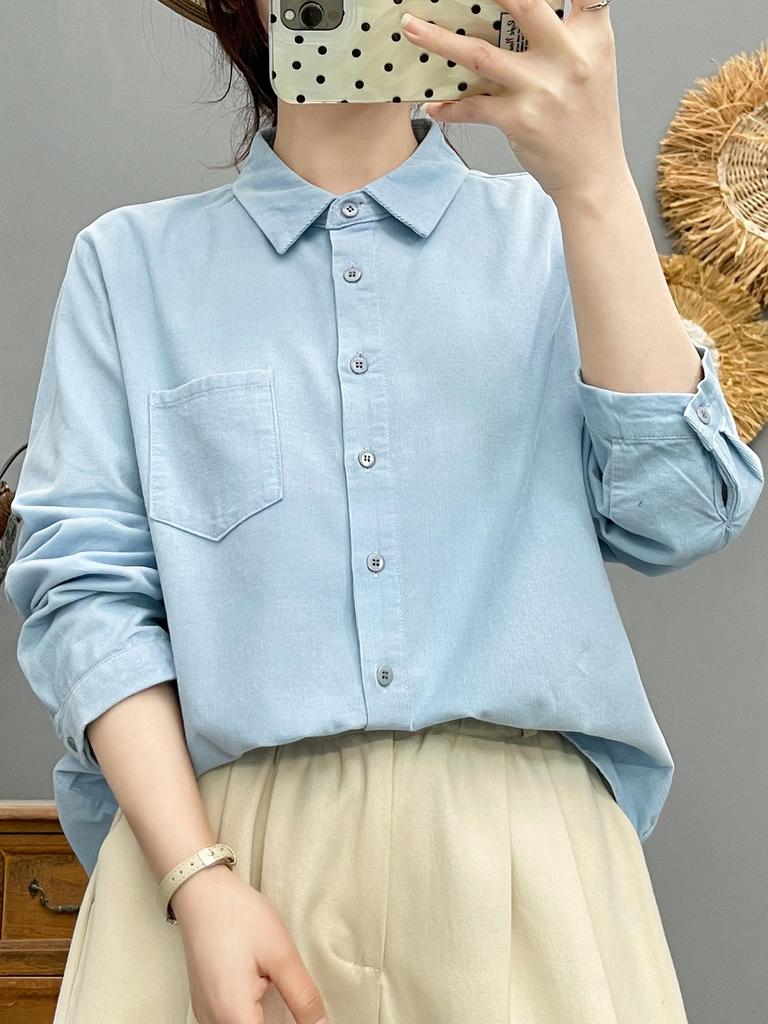 Women's Japanese Style Corduroy Long-Sleeve Shirt - Pure Cotton, High Quality, Retro Artistic, Loose Fit