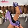 Fashion Aphixta Rose Flowers 3.94inch/10cm Stiletto Heels Pumps Women Purple Office Casual Shoes Big Size 47 48 49 50