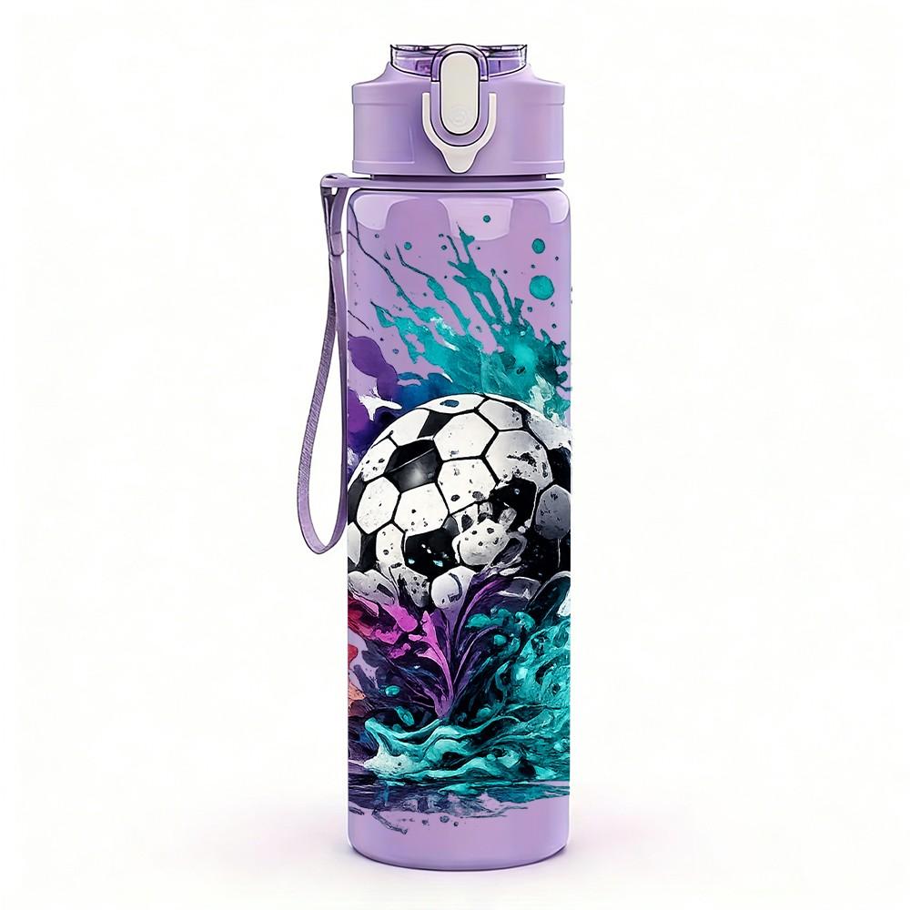 1PC Soccer Ball Splash Sports Art Print 750ml Color Plastic Sports Water Bottle Leakproof Flip Straw Lid Suitable for Sports Office Home Use