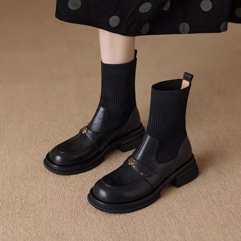 

2024 new British style camellia loafers short boots women s autumn and winter knitted socks boots elastic boots foreign style thin boots 35 чёрный