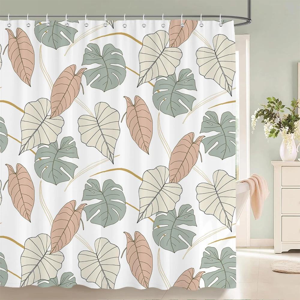 Tropical Plant Leaves Shower Curtain Nordic Minimalist Floral Bath Curtain Waterproof Fabric 3D Bathroom Curtains With Hooks