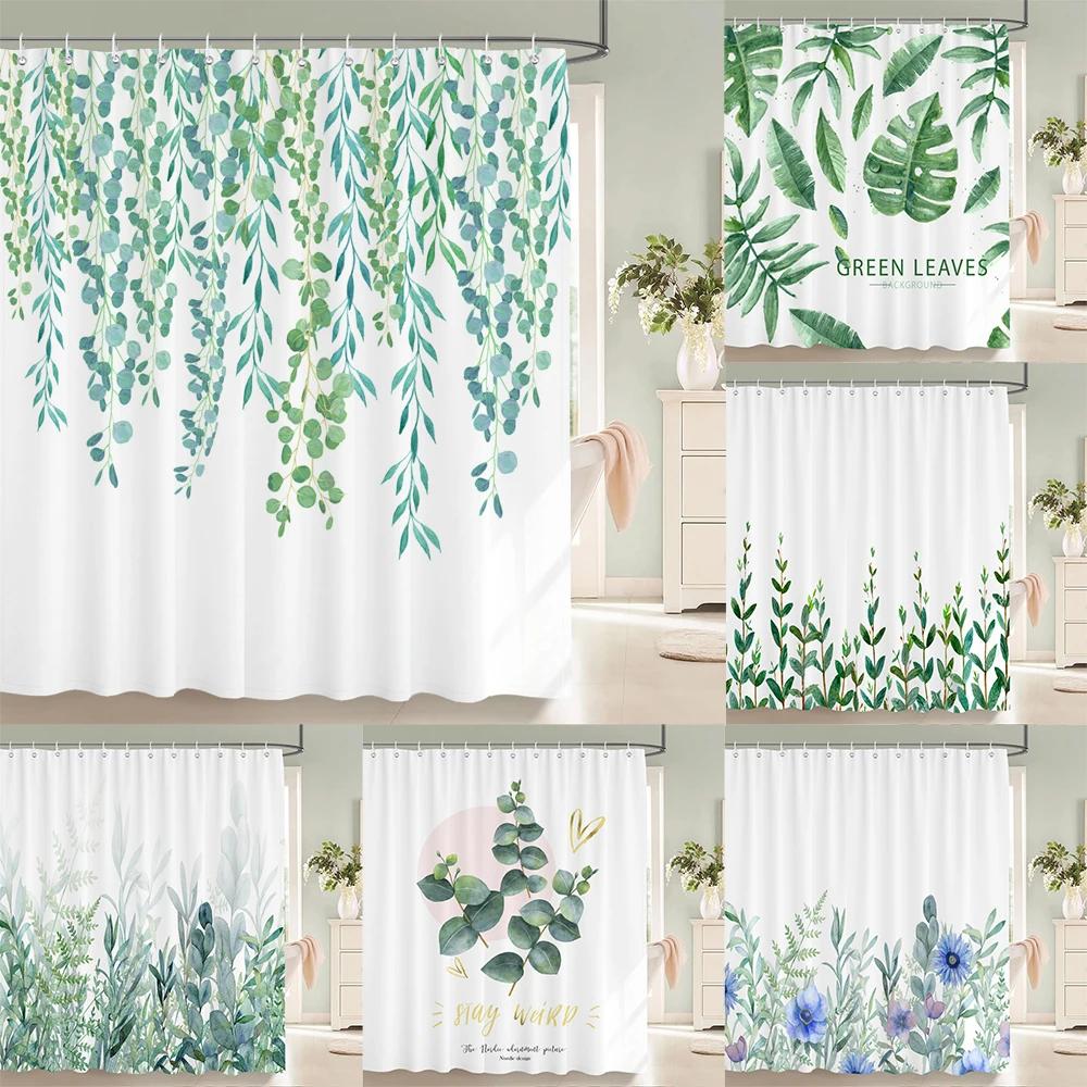 3D Fresh Green Plants Leaf Print Nordic Style Shower Curtain Set Hook Natural Flower Leaves Home Decoration Bathroom Curtains