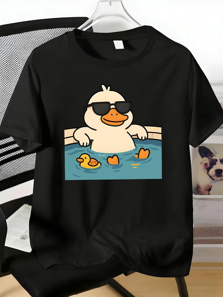 Unisexs Tee Cool Sunglass Duck Swimming Cartoon Print Cotton Short Sleeve Male Casual Streetwear Outdoor Daily Basic Fashion Top
