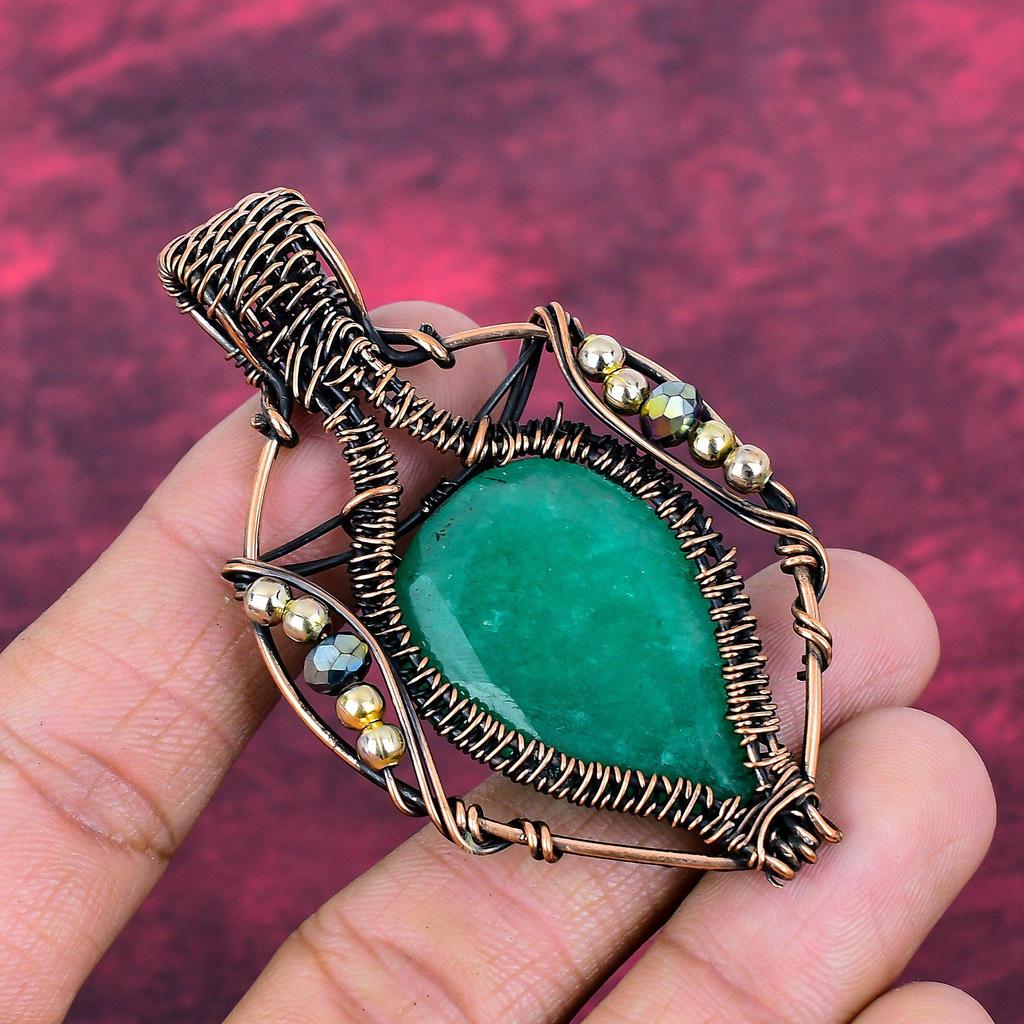 Faceted Zambian Emerald Gemstone Pendant Handmade Copper Wire Wrapped Jewelry
