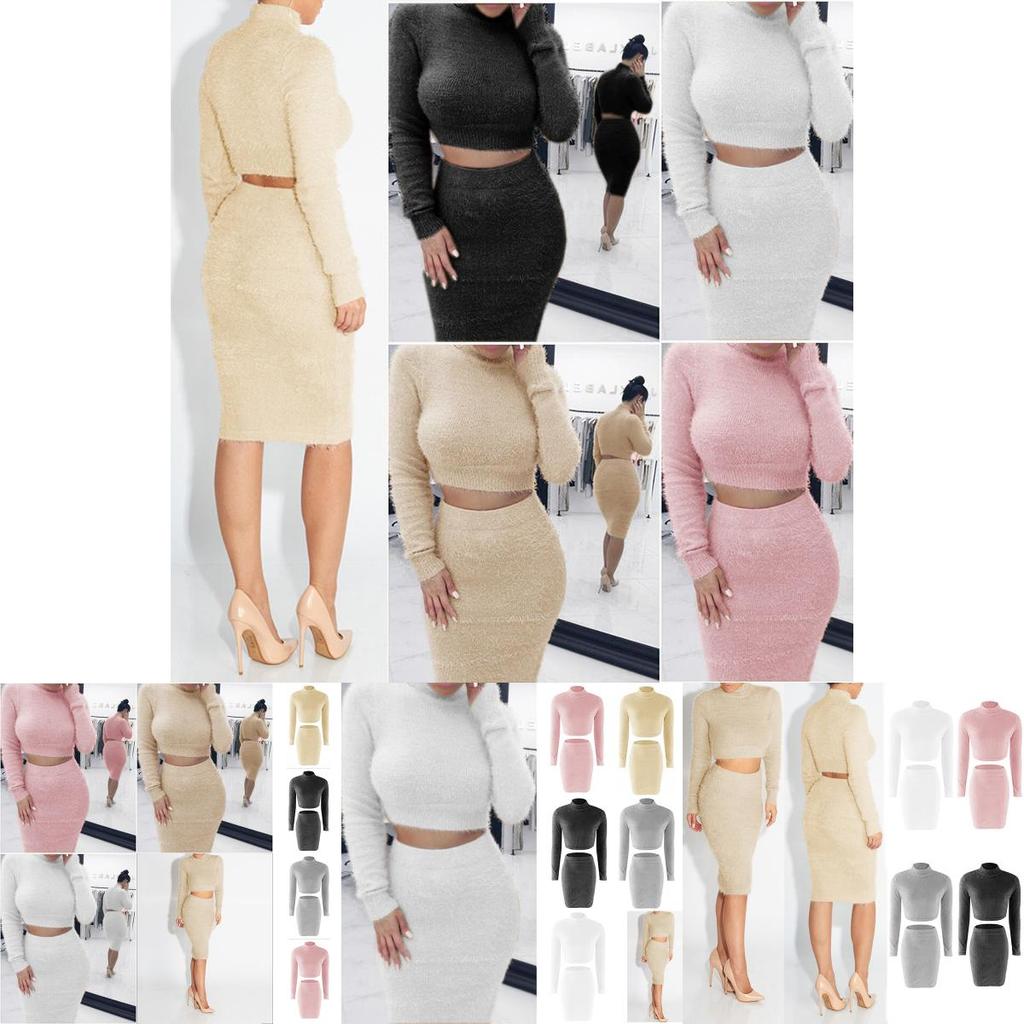 Stylish 2pcs/set Winter Sexy Womens Sweater Dress Bodycon Crop Top And Skirt Set