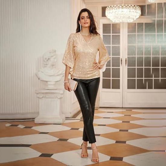 Dámská jarní a podzimní móda Flitrové bokovky s rukávem na trumpetu s výstřihem do V Úzký společenský svetr