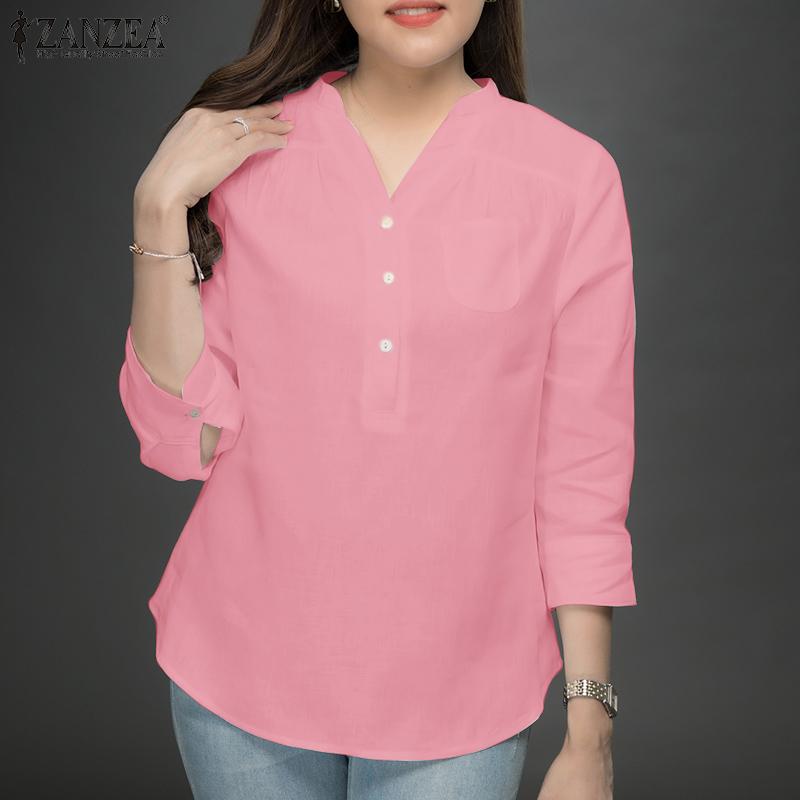 ZANZEA Women Casual V-Neck Solid Color Loose 3/4 Sleeve Blouse