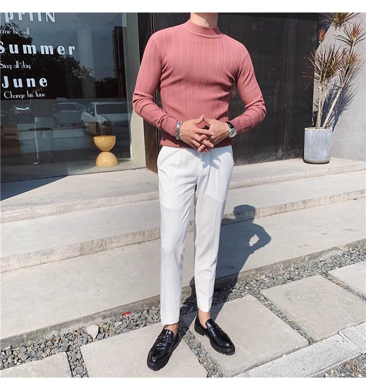 Men's High-Elasticity Ice Silk Ribbed Long Sleeve Striped T-Shirt
