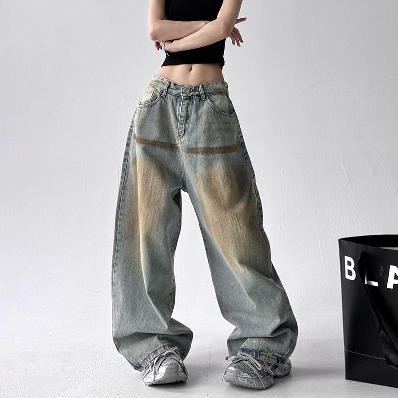 

Retro Yellow Denim Washed Oversize Women s Pants - Trendy Streetwear Hip Hop Style, Straight-Leg Versatile Casual 2025. XXXL