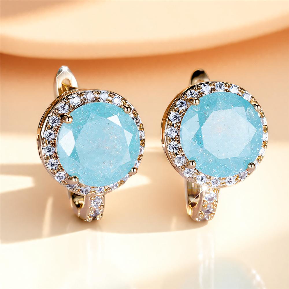 

Cute Female White Blue Zircon Stone Hoop Earrings Luxury Gold Color Big Round Wedding For Women