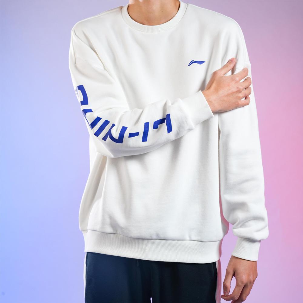 Li Ning Sports Fashion Collection Logo Letter Print Crew Neck Pullover Fleece Lined Sweatshirt Men's White AWDTC23-3