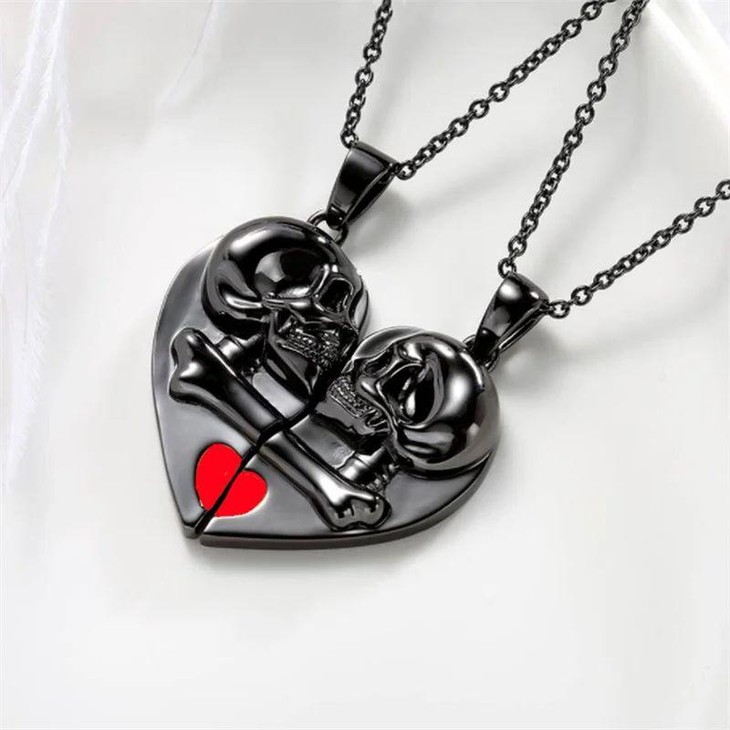 Gothic Minimalist Punk Creative Skull Red Love Magnetic Couple Heart Necklace for Women Men Jewelry Gifts Halloween