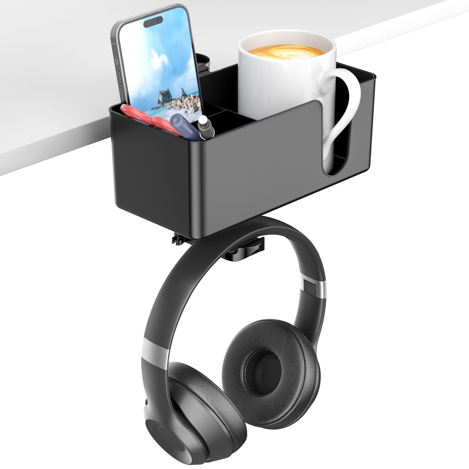 

KDD 4 in 1 Desk Organizer Under Desk Headphone Hook with 2 Wire Holes Rotatable Headphone Hanger and Removable Desk Storage for Cups and Pens Cup чорний