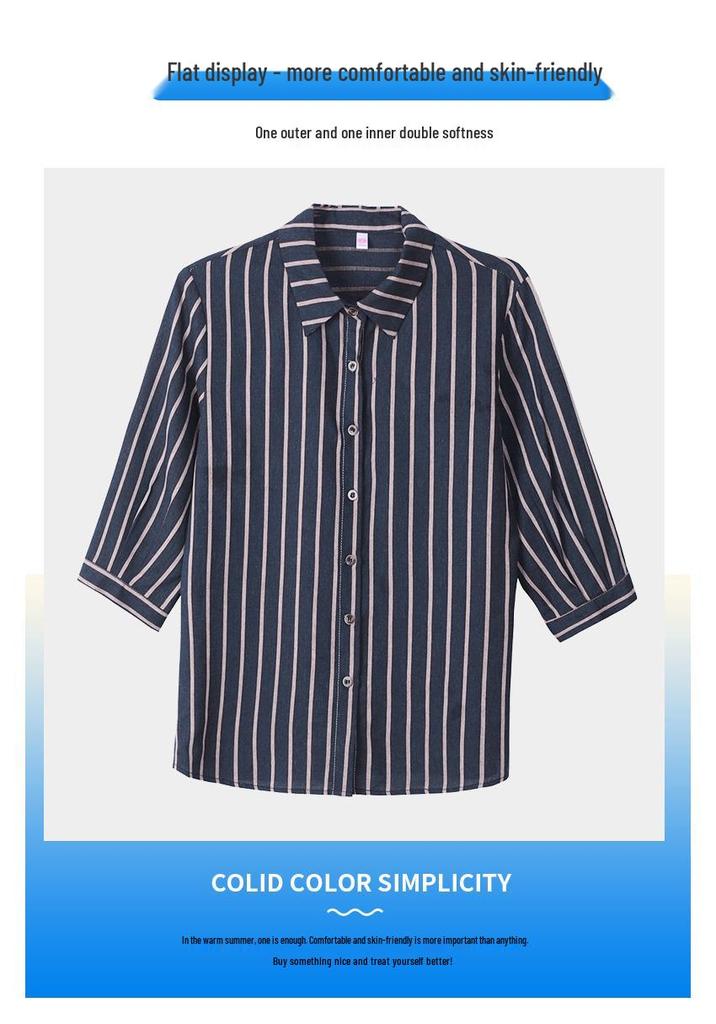 Women's Slimming Striped Cotton Shirt - Petite 7-Sleeve Professional Style for Spring, Summer, or Autumn 2025