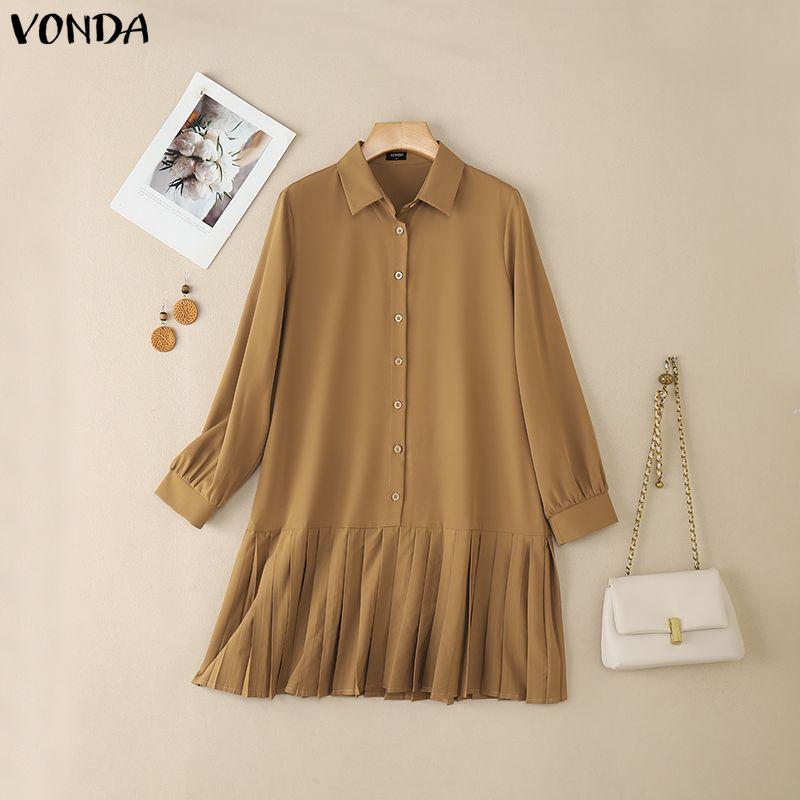 

VONDA Элегантное женское повседневное платье-рубашка с лацканами, длинными рукавами и оборками 5XL хаки