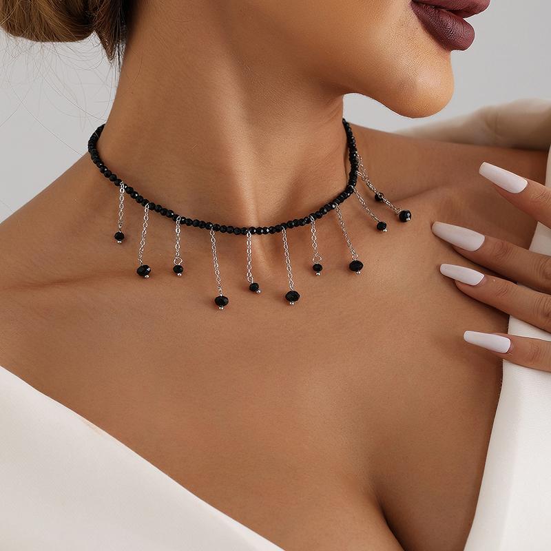 Vintage Black Bead Chaintassel Pendant Necklace For Women Boho Simple Choker Jewelry Gift