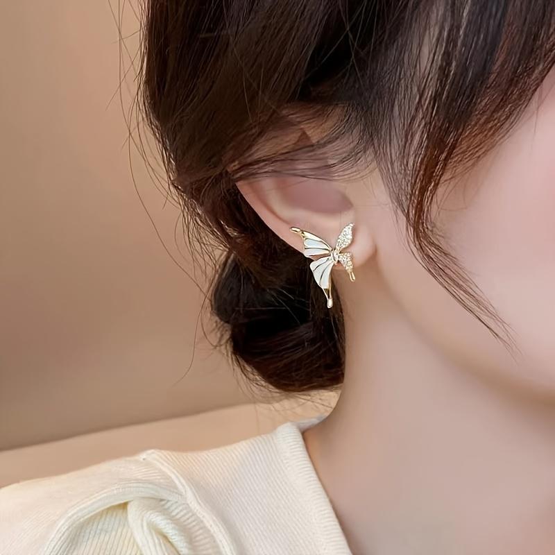 Petite Butterfly Stud Earrings with Rhinestones, Fashionable Simple Korean Style, Versatile Chic Trendy Accessory