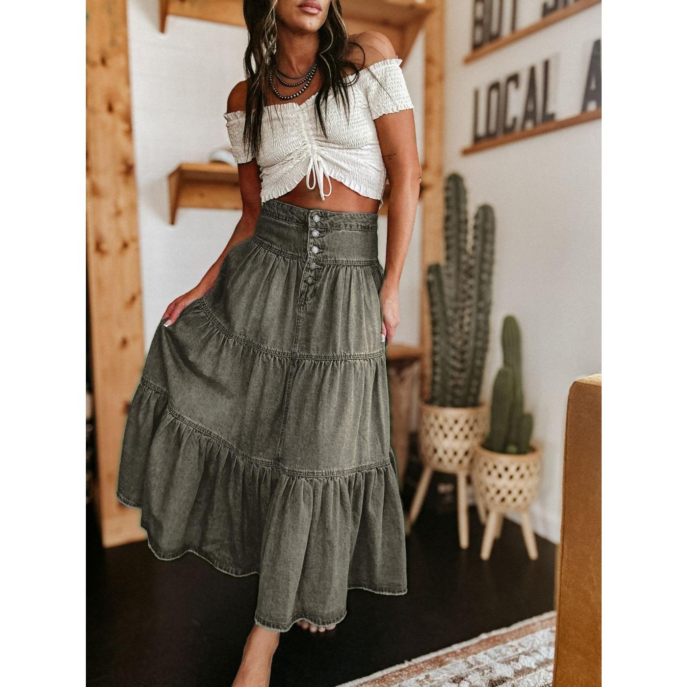 

Юбка из денима в стиле бохо-трапеции с многослойным узором L армия зеленый